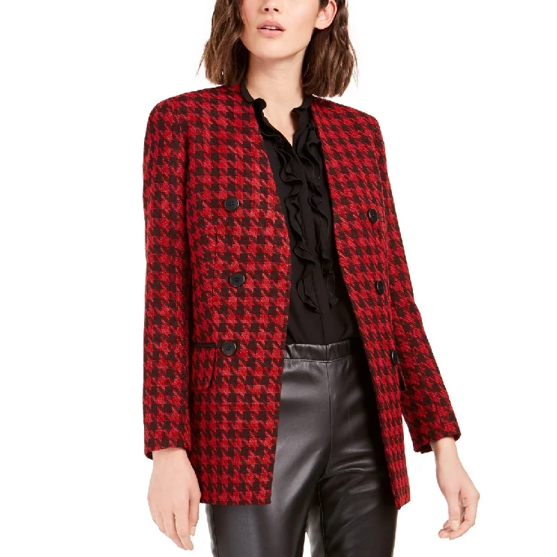 travel jackets for women -Bar III Women's Houndstooth Collarless Double-Breasted Jacket Black Size 8