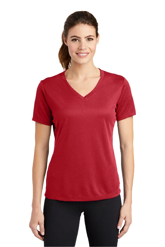 peplum tops for women -Sport-Tek Womens RacerMesh Moisture Wicking Short Sleeve V-Neck T-Shirt - True Red