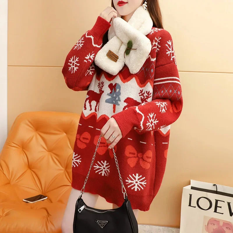 elegant chiffon blouses -Elk Red Oversized Casual Fashion Christmas Sweater