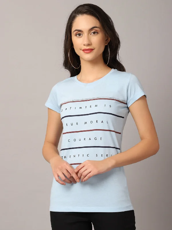 women's halter tops -Women's Casual Regular Short Sleeve Sky Blue Round neck Typographic Print T-Shirt