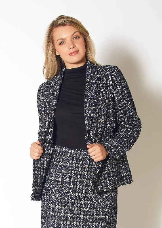 stylish jackets for women -Women's Tweed Fringe Hem Blazer Jacket in Navy Tweed