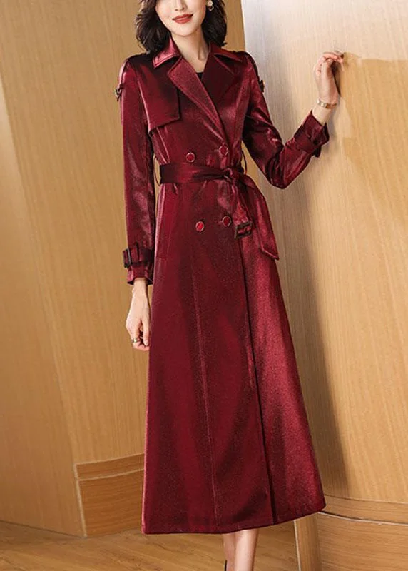 knitted jackets for women -Classy Wine Red Pockets Tie Waist Cotton Long Trench Coats Fall