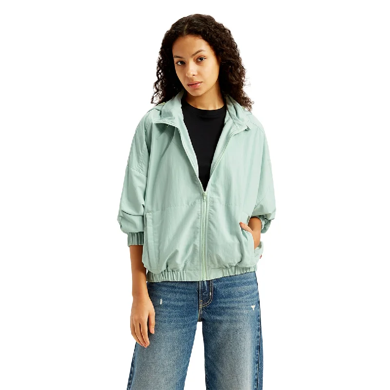 short jackets for women -Women's Solid Light-Blue Hooded Windcheater Jacket