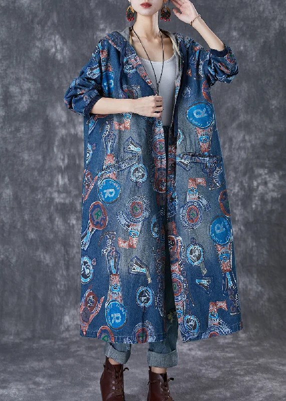 sleeveless coats for women -Art Navy Hooded Oversized Print Cotton Trench Coats Fall