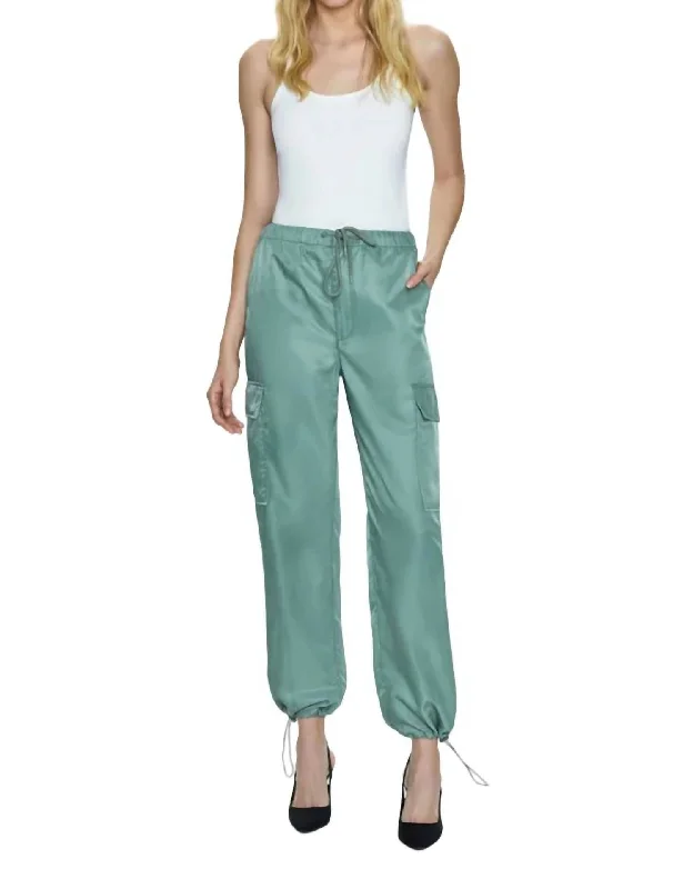 printed trousers for women -Satin Cargo Pant In Jade