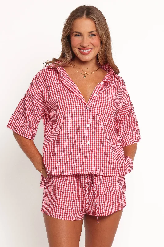 tie-front tops for women -Maeo Short Sleeve Top - Red Check