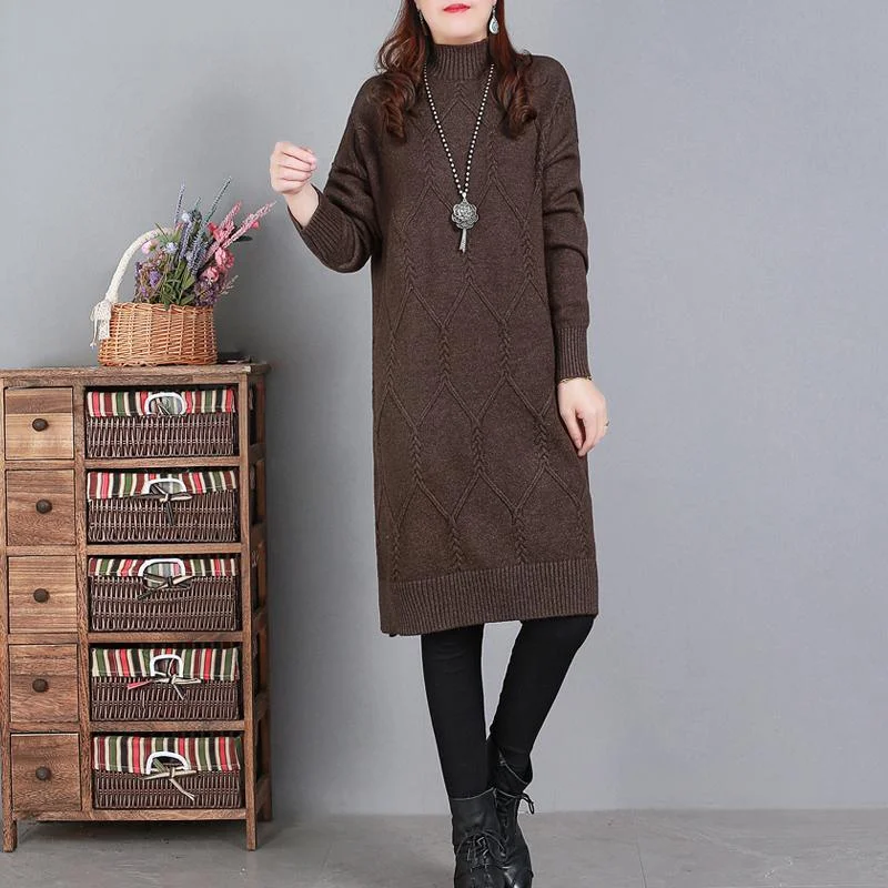 casual plaid shirts for women -Comfy High Neck Sweater Weather Largo Chocolate Art Knit Dresses