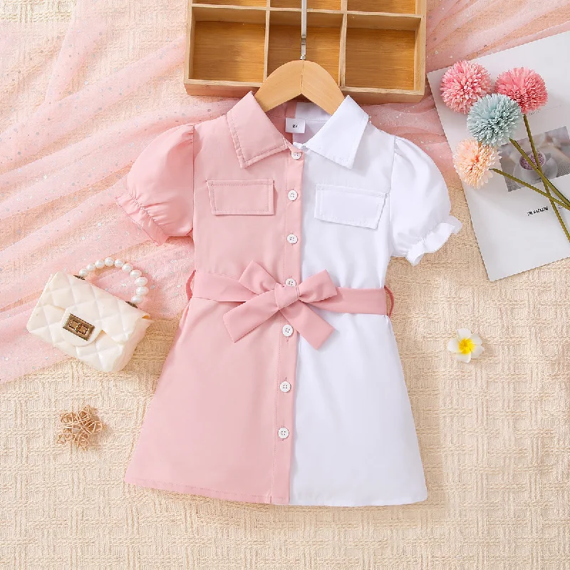 women's summer blouses -Girls Two-Tone Belted Shirt Dress