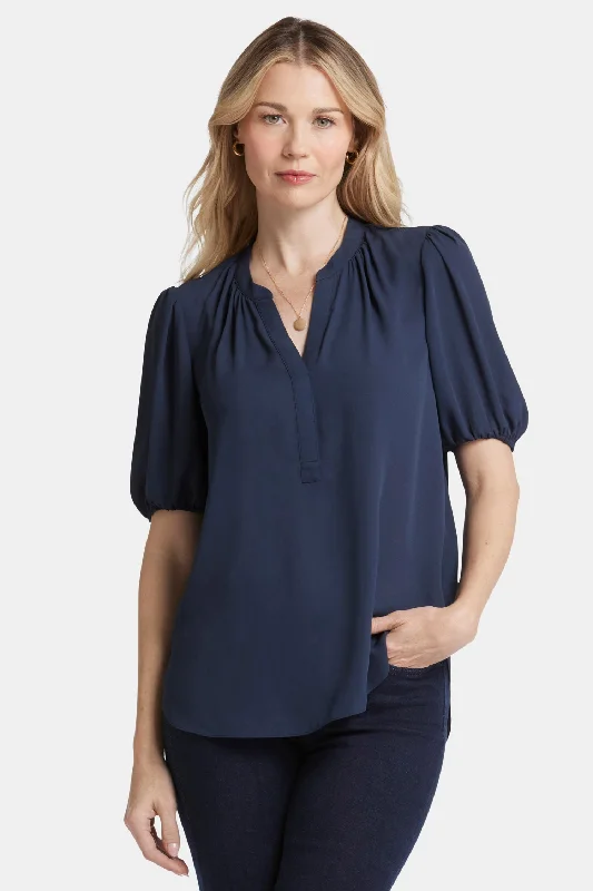 casual long sleeve shirts for women -Short Puff Sleeve Popover Top - Oxford Navy