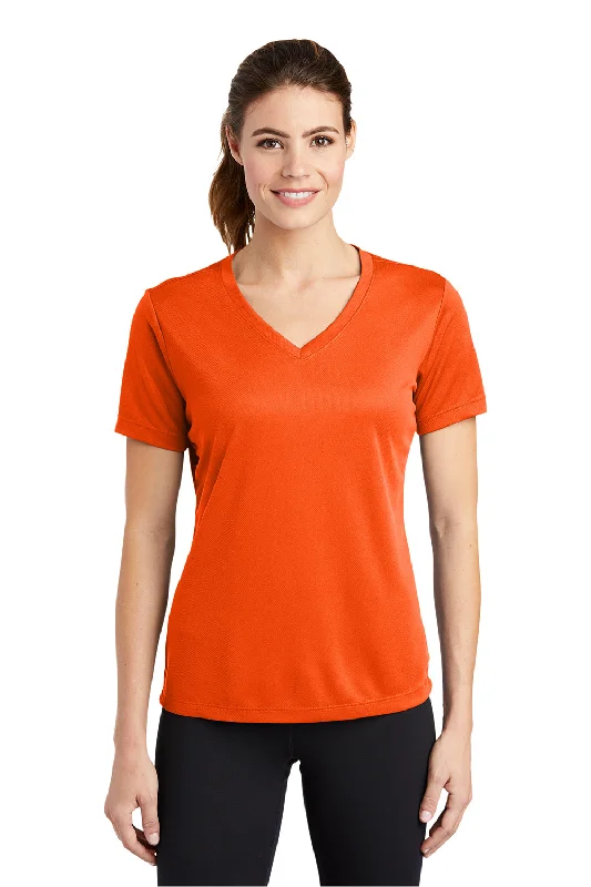 women's chiffon tunics -Sport-Tek Womens RacerMesh Moisture Wicking Short Sleeve V-Neck T-Shirt - Neon Orange