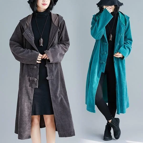 stylish blazers for women -corduroy plus size solid vintage hooded casual loose long autumn winter trench coat