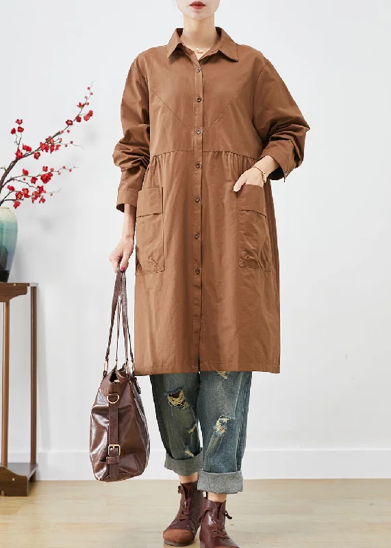 structured coats for women -Organic Coffee Oversized Patchwork Pockets Cotton Trench Coats Fall