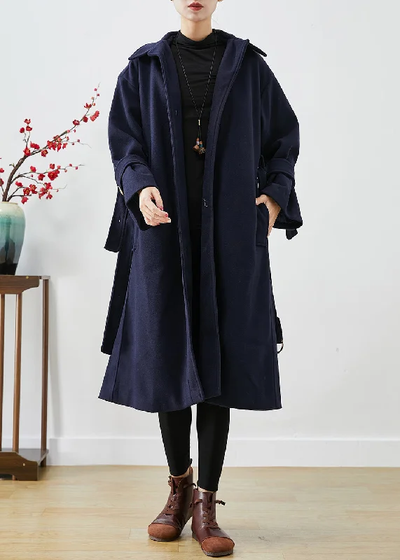 long cardigan coats for women -French Navy Slim Fit Thick Woolen Trench Coats Winter