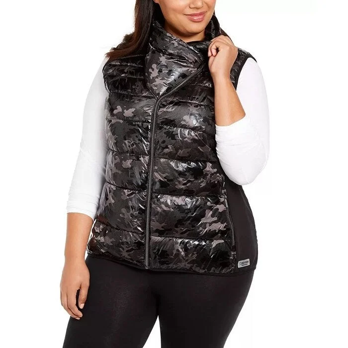 warm down coats for women -Calvin Klein Women's Performance Printed Puffer Vest Black Size 2X