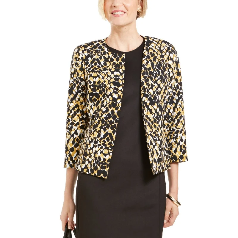 minimalist coats for women -Kasper Women's Petite Open-Front Animal-Print Jacket Yellow Size 4