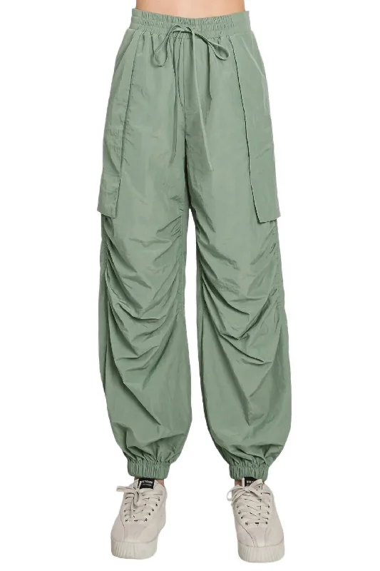 women's breathable joggers -Ruched Cargo Pants In Sage