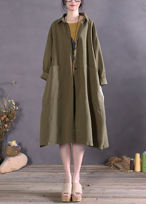 color block jackets for women -Women Army Green Peter Pan Collar Button Cotton Trench Coats Long Sleeve