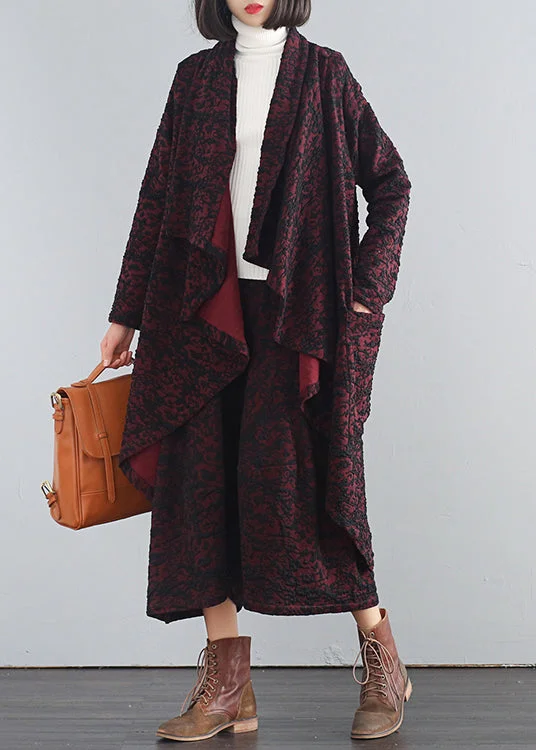 elegant fitted coats for women -Modern Mulberry V Neck Print Trench Coats And Crop Pants Two Piece Set Fall