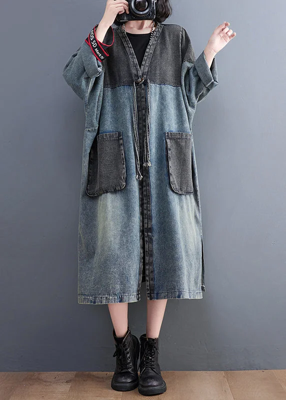 floral print jackets for women -Natural V Neck Patchwork Pockets Denim Maxi Trench Coat Fall