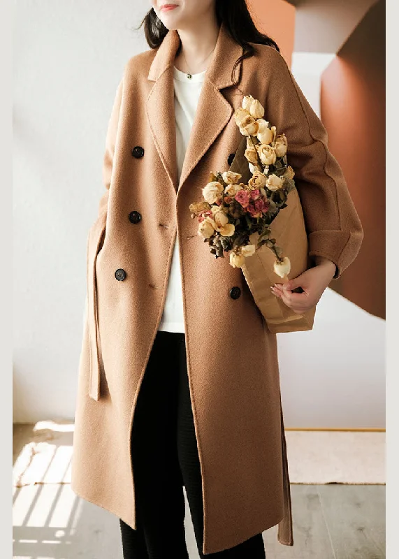 women's winter coats -Classy Light Camel Double Breast Oversized Woolen Trench Coats Winter