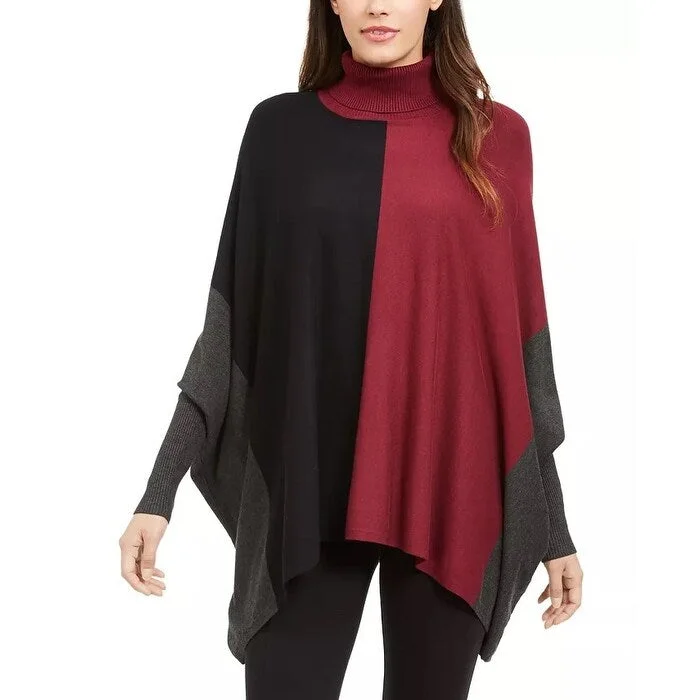 short jackets for women -Alfani Women's Petite Turtleneck Colorblock Poncho Sweater Dark Red Size Petite