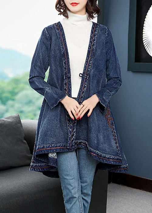 women's raincoats -Fashion Blue low high design V Neck Embroideried Cotton Denim trench coats Long Sleeve