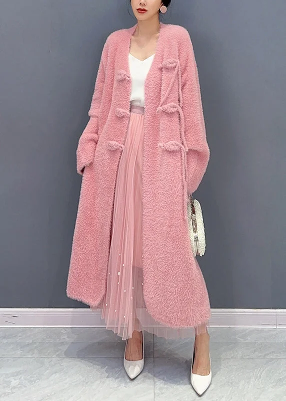 loose fit coats for women -Beautiful Pink V Neck Button Woolen Trench Coat Long Sleeve