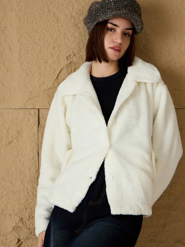 plus size coats for women -Women Off White Fur Flap Pockets Jacket