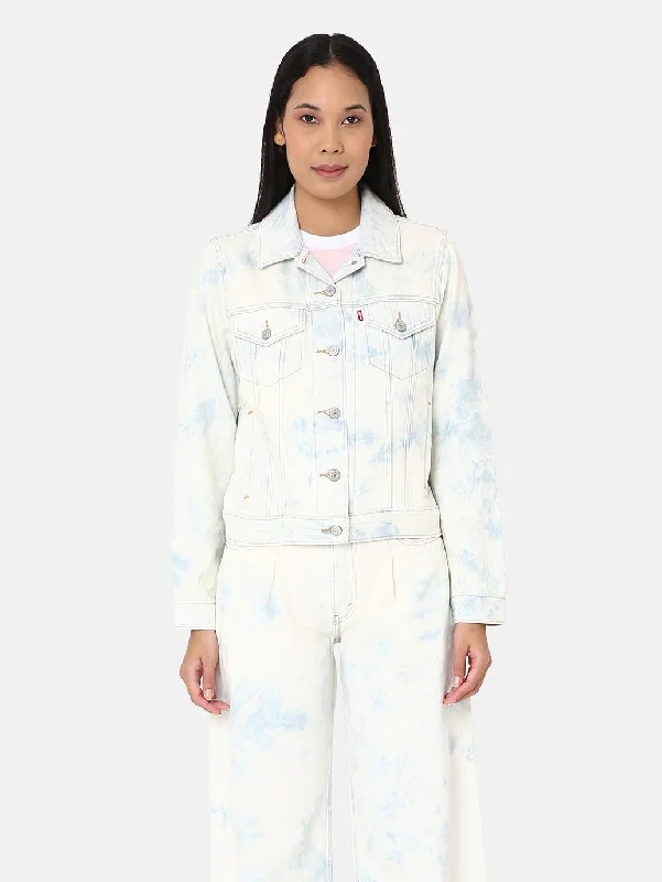 floral print jackets for women -Women's Solid Light-Blue Spread Collar Trucker Jacket