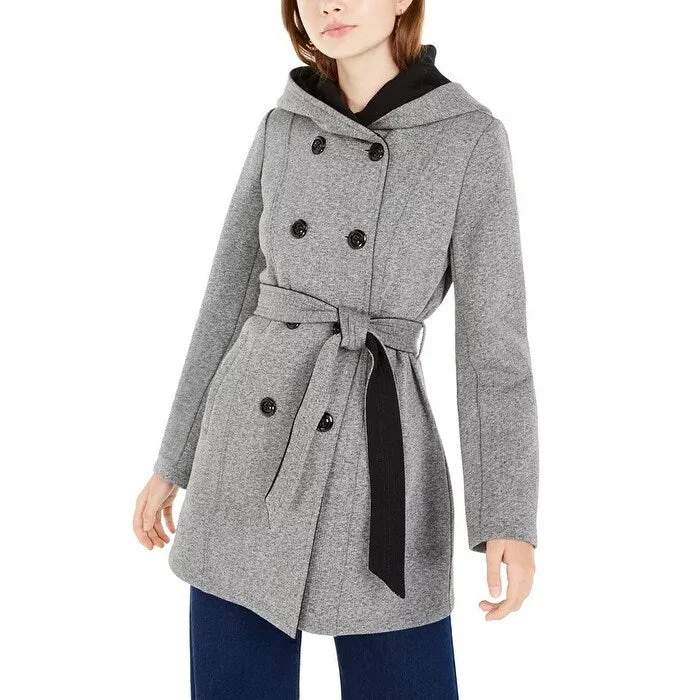 quilted bomber jackets for women -BCX Juniors' Tweed Fleece Hooded Trench Coat Gray Size X-Small