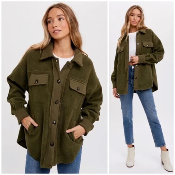 waterproof jackets for women -Olive Green Button Front Fleece Jacket W/ Elbow Patches & Pockets Winter Shacket