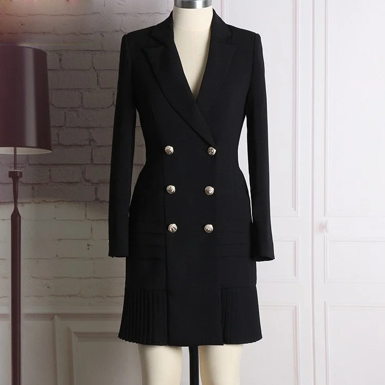 business casual coats for women -2022 Ladies Elegant Formal Long Sleeve Pleated Double Breasted Blazer Dress Black Slim Fit Business Wear Jackets Woman Blazers