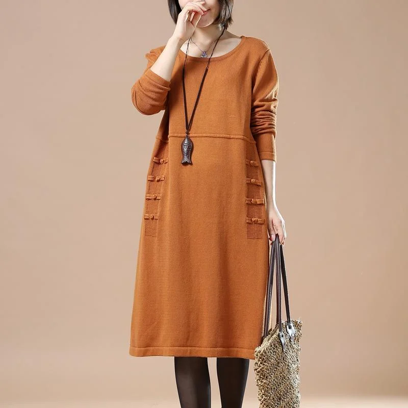 cute tops for women -Orange plus size women sweaters knitted dresses