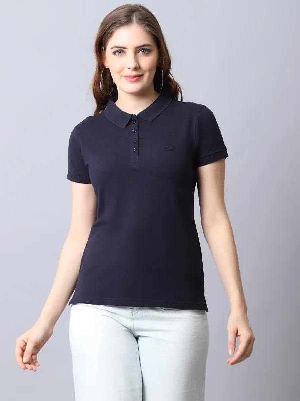 fitted blouses for women -Women's Casual Regular Short Sleeve Navy Blue Polo neck  T-Shirt