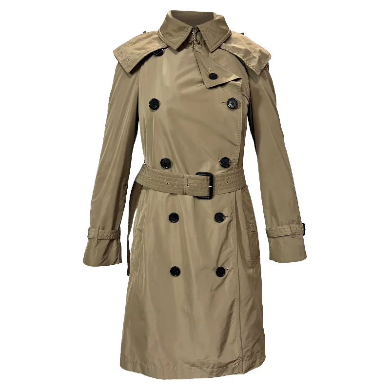 turtleneck coats for women -Burberry Amberford Hooded Shell Trench Coat in Beige Polyester