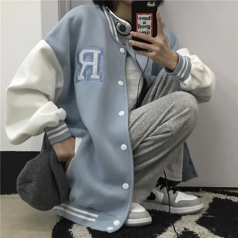 women's puffer jackets -Womens Baseball Korean Casual Lose Jacket