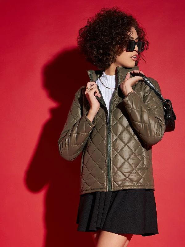 warm down coats for women -Women Olive Diamond Quilted Hooded Puffer Jacket