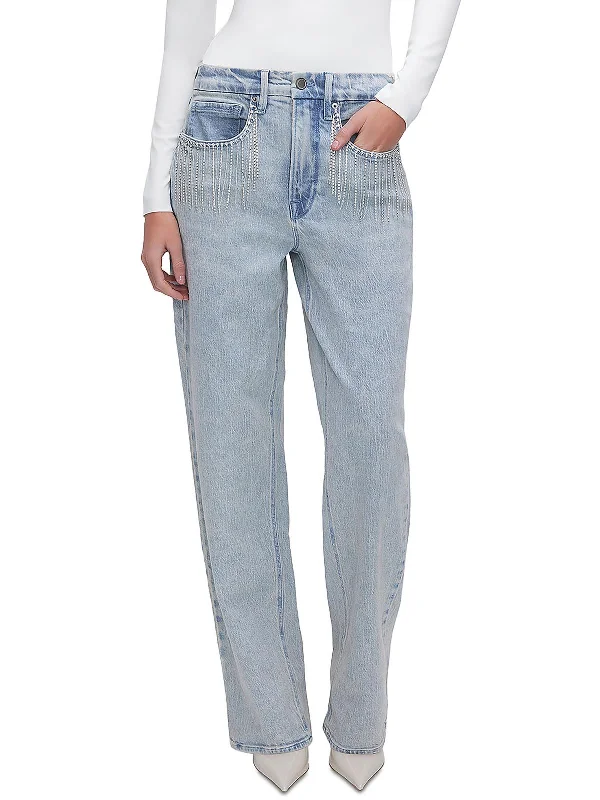 travel pants for women -90's Diamond Fringe Womens High-Rise Light Wash Straight Leg Jeans