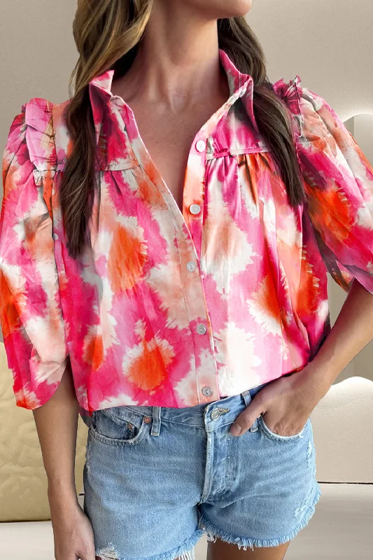 sleeveless blouses for work -Frill Contrast Print Collared Neck Half Sleeve Shirt