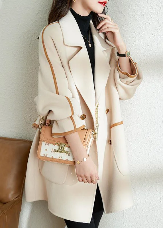 elegant evening coats for women -Bohemian White Lapel Patchwork PU Woolen Trench Coat Fall