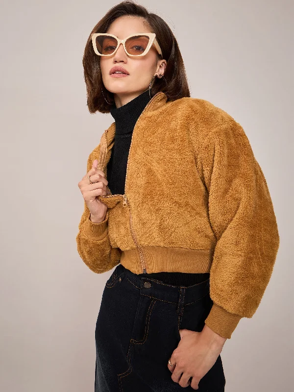 trendy plaid blazers for women -Women Brown Fur High Neck Crop Bomber Jacket