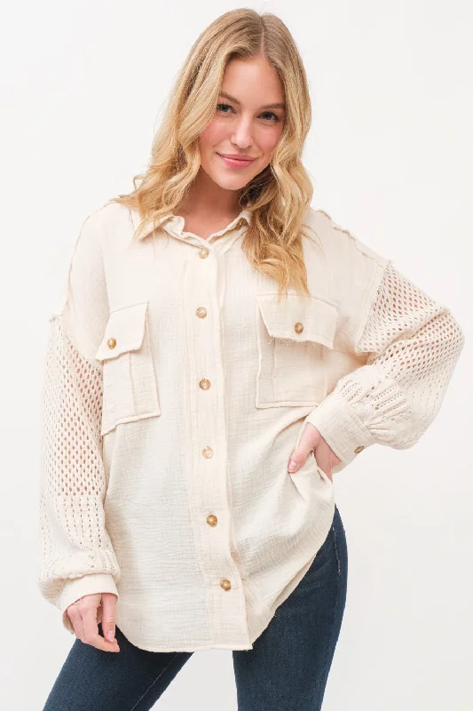 crochet tops for women -And The Why Texture Button Up Openwork Shirt