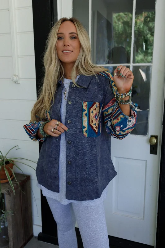 sporty windbreakers for women -Scout Printed Sleeve Jacket - Denim