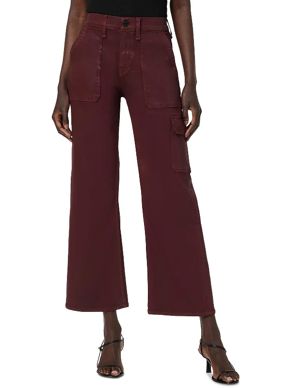 mid-rise pants for women -Rosie Womens Coated Wide Leg Cargo Jeans