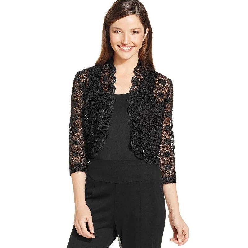 soft shell jackets for women -R & M Richards Women's Scallop Lace Cardigan Black Size Medium