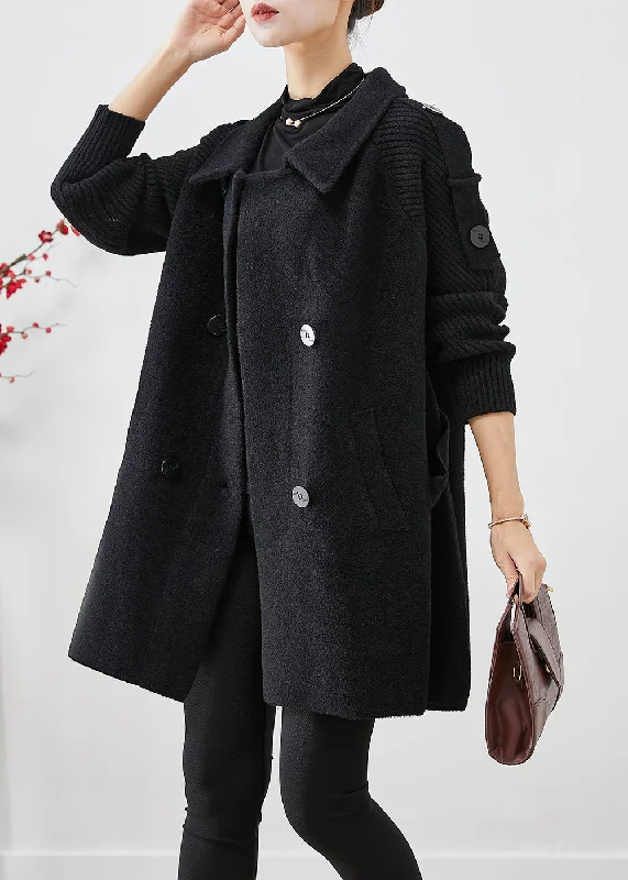 belted wool coats for women -Casual Black Double Breast Patchwork Woolen Trench Coats Fall