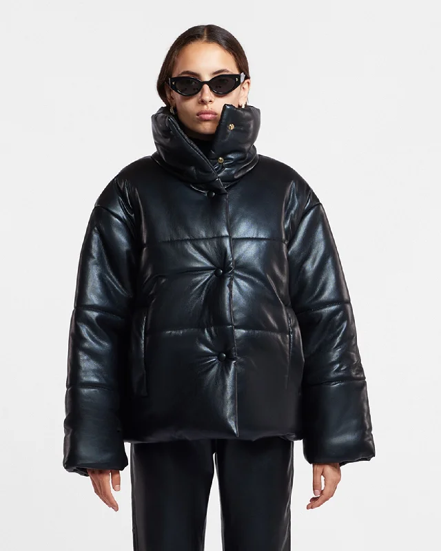 fur-lined parkas for women -Hide - Okobor™ Alt-Leather Puffer Jacket - Black