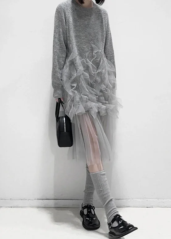 lightweight summer tops for women -Art Grey Ruffled Solid Tulle Patchwork Knit Dress