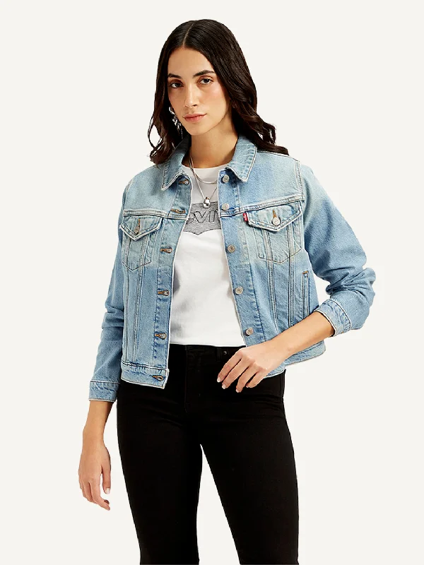 stylish jackets for women -Women's Solid Blue Spread Collar Jacket