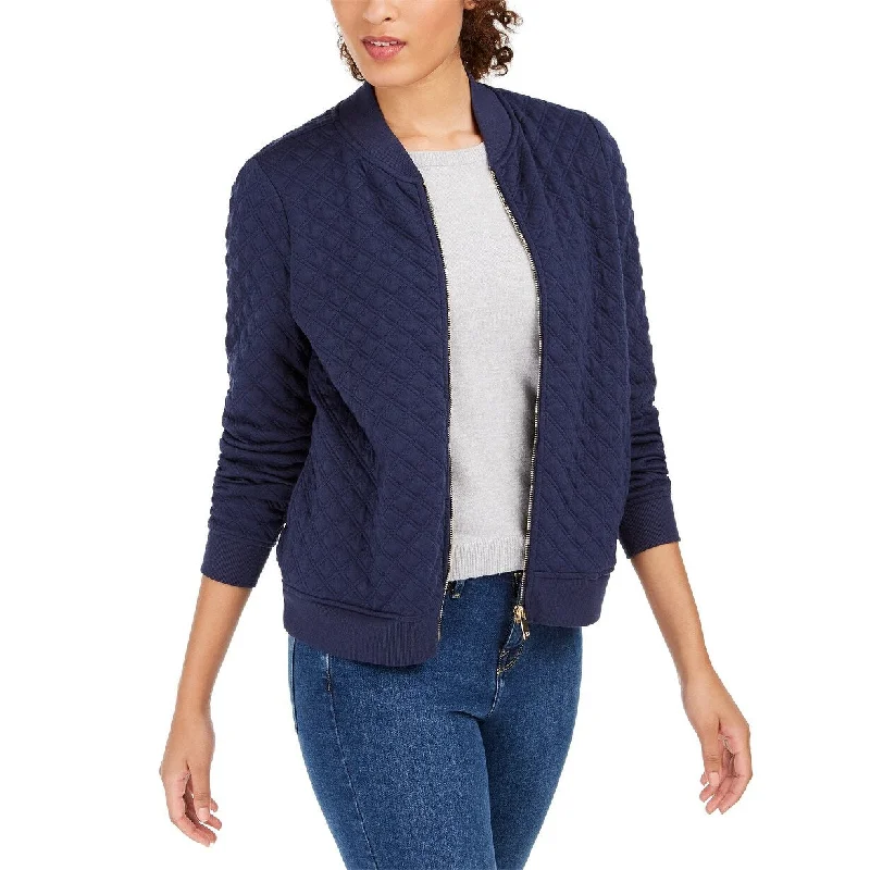 military-style coats for women -Charter Club Women's Textured Knit Bomber Jacket Blue Size Large